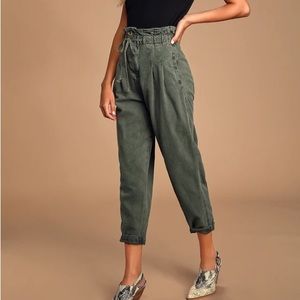 Free People Margate Olive Green Paperbag Waist Pleated Trouser Pants